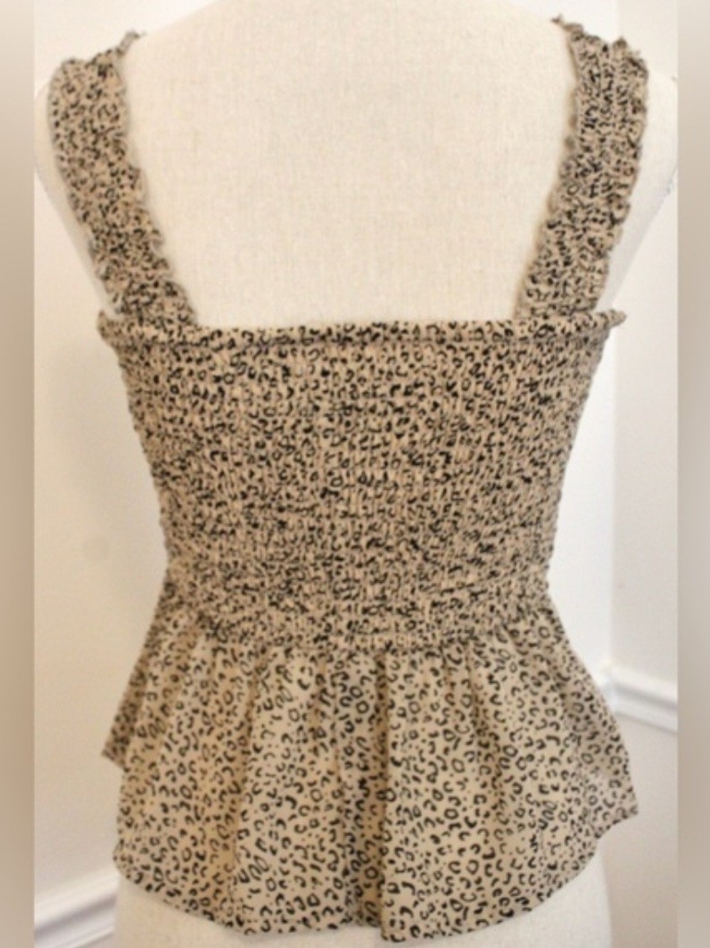 Smocked Leopard Print Tank Top - Beige - Picture 2 of 4